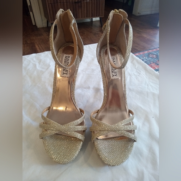 Badgley Mischka Shoes - Badgley Mischka Glittery Gold Crisscross Ankle-Strap Heels